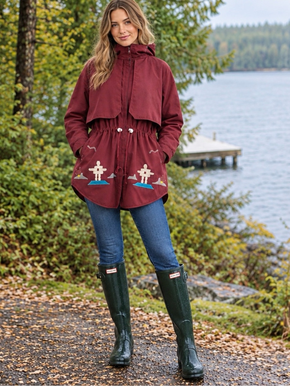 VTG NORTHERN TRANSITION NWT Maroon Drawstring Parka Embroidered Inukshuk
